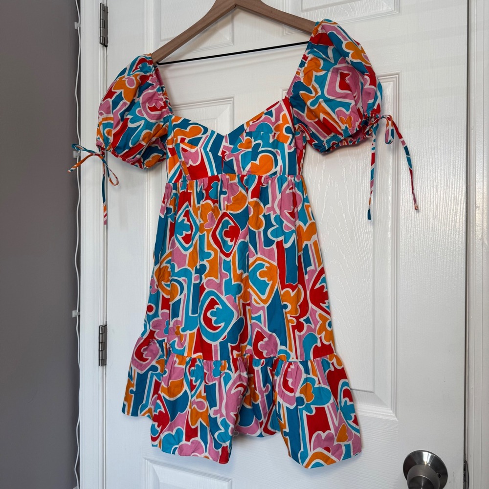 Amanda Uprichard Womens XS Abstract Geometric Puff Sleeve Mini Dress Multi Color